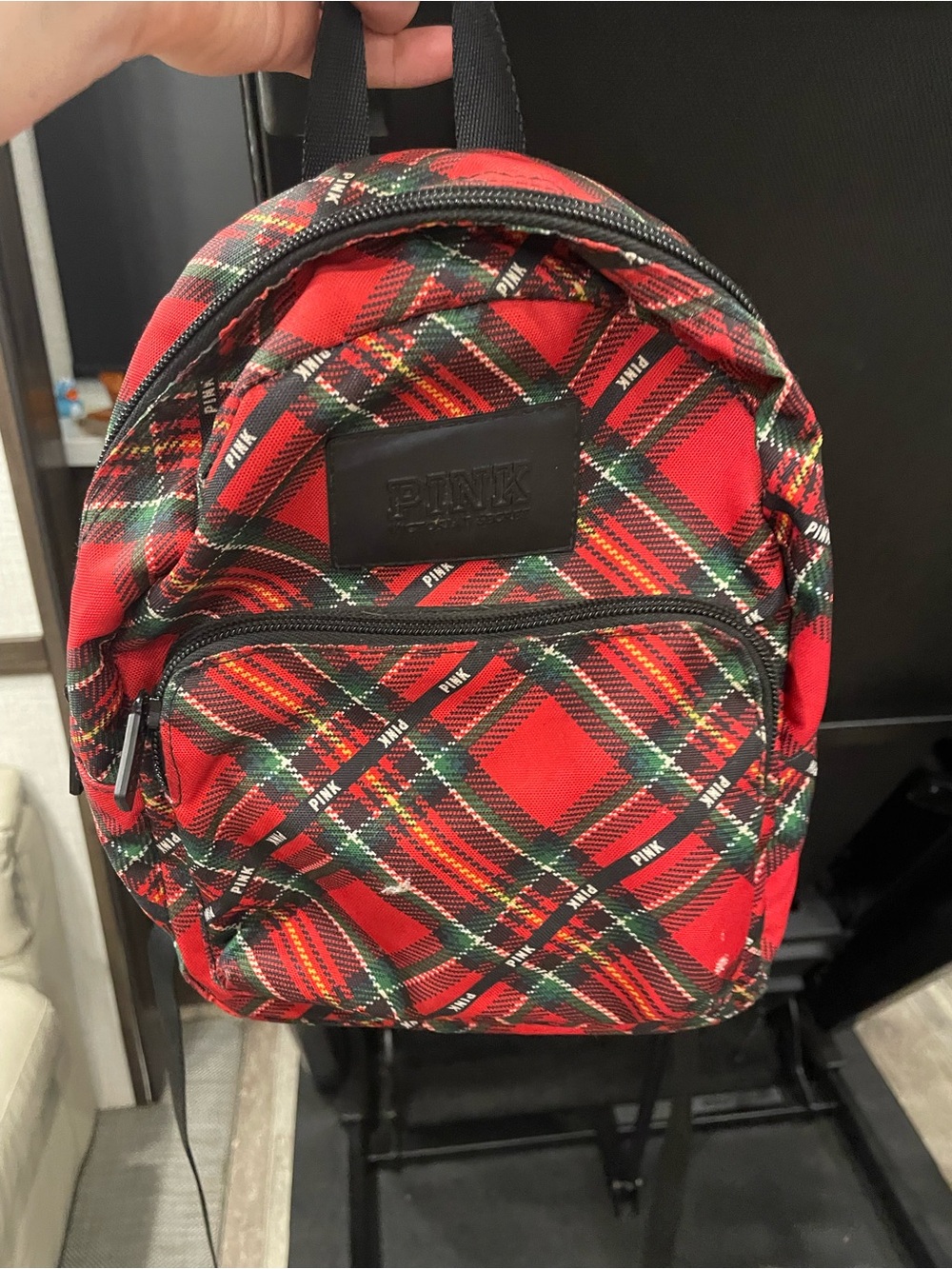 PINK Victoria's Secret Red Plaid Mini Backpack with Green & Black Accents